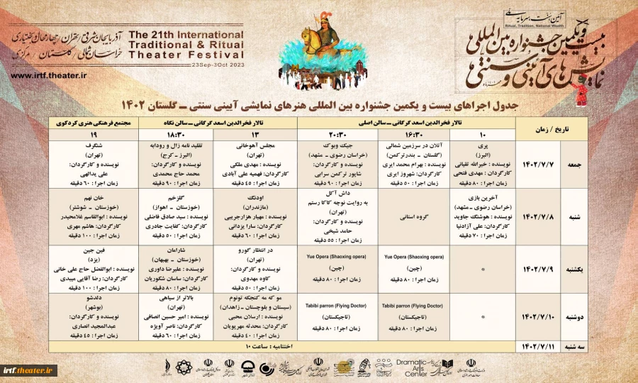 جدول نهایی بیست و یکمین جشنواره بین المللی نمایش‌های آیینی و سنتی استان گلستان 2